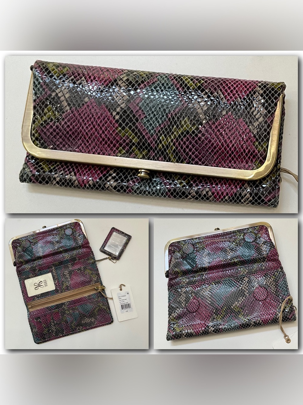 HOBO Rachel Multicolor Snakeskin Embossed Leather Foldover Clutch Wallet NWT